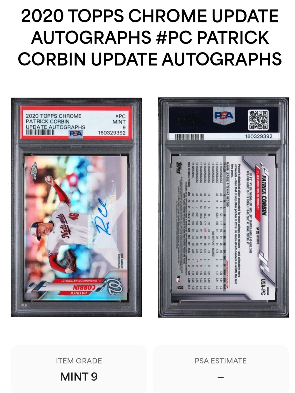 Topps Chrome Update Patrick Corbin Autograph PSA Graded